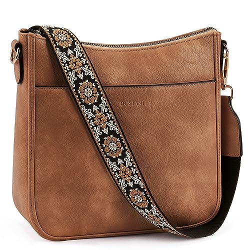 BOSTANTEN Crossbody Bags for Women Trendy Vegan Leather Hobo Purses Shoulder Handbags With Wide Shoulder Strap Brown