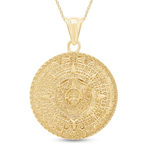 AFFY Aztec Mayan Sun Calendar Pendant Charm Necklace For Men & Women In 14K Yellow Gold Plated 925 Sterling Silver Jewelry, Medallion Pendant Necklace With 18-Inch Rope chain necklace
