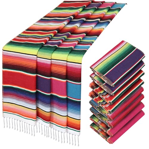 Holicolor 12 Pack Mexican Table Runner 14 x 100 Inch 4 Colors Serape Table Runner Mexican Party Decoration for Cinco de Mayo Fiesta Party(Pink Violet Red Blue)