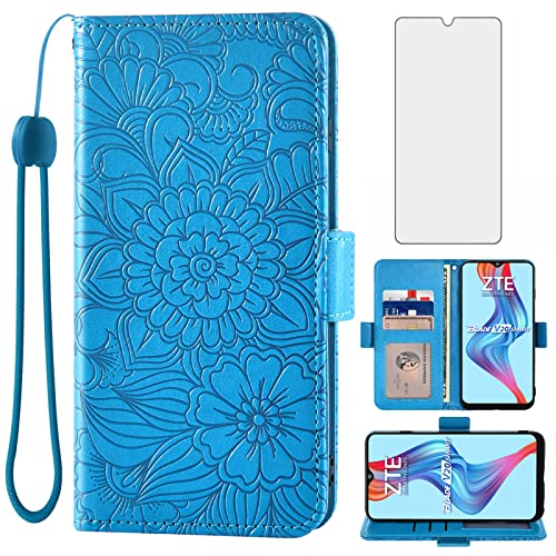 Asuwish Compatible with ZTE Blade V20 Smart Wallet Case and Tempered Glass Screen Protector Card Holder Stand Magnetic Leather Flip Cell Accessories Phone Cover for V2020 Smart Women Men Blue