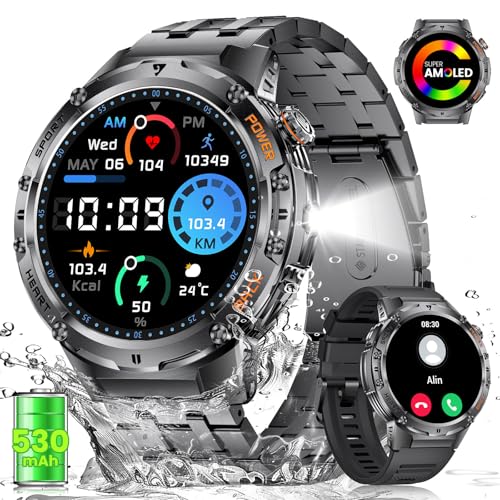 LIGE Military Smart Watches for Men with LED Flashlight(Answer/Make Calls),530mAh Large Battery,1.43’’ AMOLED,5ATM Waterproof Smartwatch for Android iOS,130+Sport Modes Heart Rate/Sleep Monitor Black