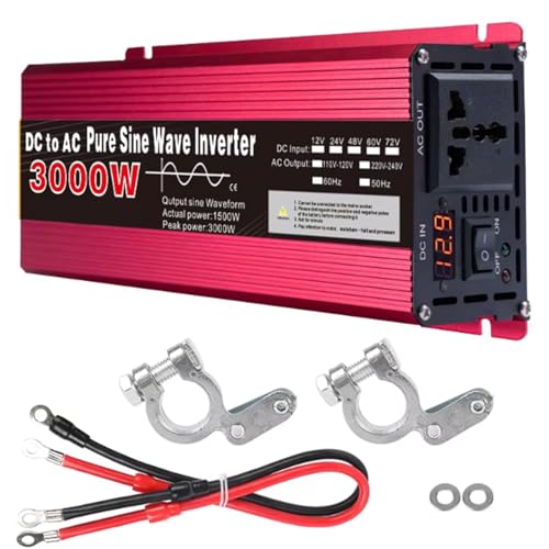 HENGJINGTR 3000W DC 12V/24V/48V/60V to AC 110V/220V Pure Sine Wave Inverter Low Frequency Car Power Inverter with LED Display Converter With1 AC Socket for Truck, Home,12V to 220V