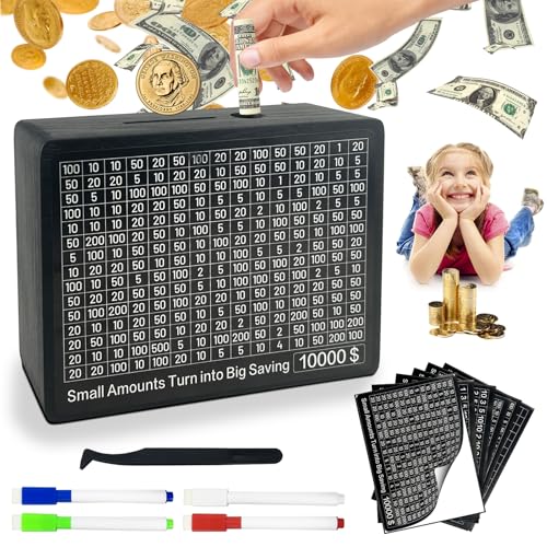 Lukinuo Cash Saver Box Wooden Money Saving Box Black One Piece Cash Vault with 10000 5000 3000 2000 1000 500 Money Saving Target Wooden Cash Vault with Counter Reusable Money Box for Boys Girls Adult