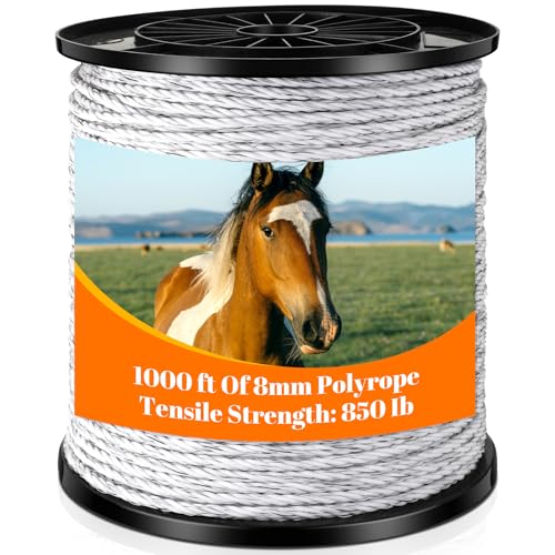 Wowangce Electric Fence Polywire 1000 Feet(305m) Length, 0.3 Inch Wide(8mm) Electric Fencing Wire with 6 Stainless Steel Strands Portable Fence Rope for Livestock Garden(White)