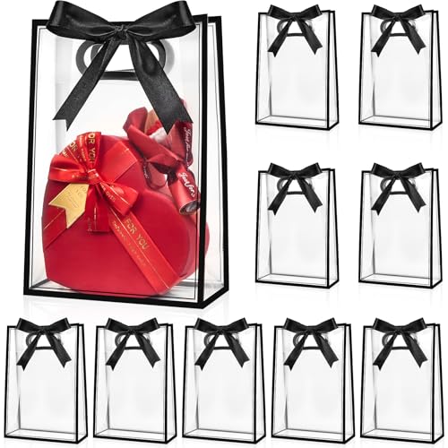Ohuimrt 12 Pack Clear Plastic Gift Bags with Handles, Reusable Party Favor Bags with Ribbon for Birthday, Wedding, Bachelorette Party, 10.2 x 7.1 x 3.1 Inch (Black)