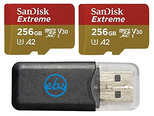 SanDisk Extreme 256GB MicroSD Memory Card (2 Pack) Works with DJI Drone Series Mini 4 Pro (SDSQXAV-256G-GN6MN) V30 A2 4K UHD UHS-I Bundle with (1) Everything But Stromboli MicroSDXC Card Reader