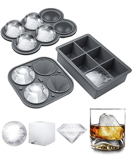 Silicone Large Ice Cube Molds (Set Of 3), 6 Ice Ball Maker Mold, 6 Square Ice Cube Mold，4 Diamond, Reusable Whiskey Ice Mold, Ice Molds for Cocktails, Bpa Free, Freezer Ice Cube Tray (Grey)