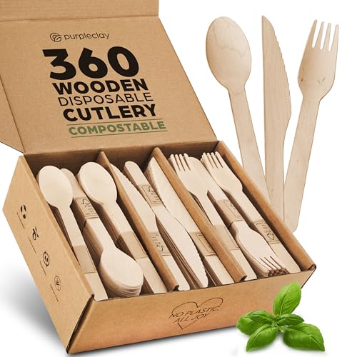 Wooden Compostable Utensils Set - 360 Pieces (120 Forks 120 Spoons 120 Knives) Sturdy Wood Disposable Cutlery - Eco-Friendly Biodegradable Utensils for Party - Free From Plastic Cutlery Set for Eating