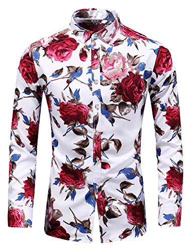 Men's Slim fit Printed Long-Sleeve Button-Down Dress Floral Shirt (Medium Chest: 41.7 inch, White red)