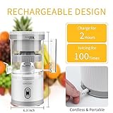 Electric Citrus Juicer, Rechargeable Juicer Machine with USB Cable and Cleaning Brush, Touch Button, Automatic Orange Lime Lemon Grapefruit Squeezer, Easy to Clean Portable Juicer, White