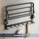 VOLPONE 24 Inch Towel Rack with Towel Bar Holder Foldable Towel Shelf with Movable Hooks Rustproof Towel Storage Wall Mount for Bathroom Lavatory Matte Black