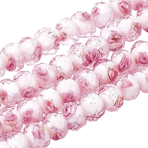 PH PandaHall 70pcs 6~8mm Rose Lampwork Beads Silver Foil Glass Beads Flower Glass Beads Floral Handmade Lampwork Beads Round Loose Beads for Rosary Making Jewelry Craft Making 2mm Hole - Sliver Pink