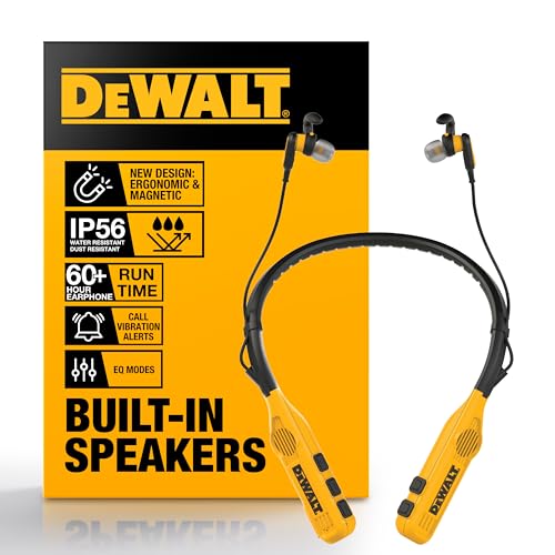 DEWALT Heavy Duty 2-in-1 Neckband Bluetooth Headphones w/Built-in Speakers, Jobsite Wearable Speaker & Around Neck Headphones, Wireless Bluetooth Headset, 60+ Hrs Hands-Free Music/Calls, Carry Pouch
