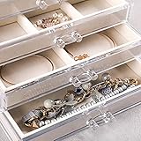 Frebeauty Extra Large Acrylic Jewelry Box for Women Girls 5 Layers Clear Velvet Earring Organizer with 5 Drawers Rings Display Case Necklaces Holder Tray (Beige)