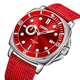 SKMEI Watch for Men Waterproof Fashion Casual Sport Big Face Analog Quartz Luminous Luxury Dress Business Gift Cloth Nylon Strap Red Wrist Watches