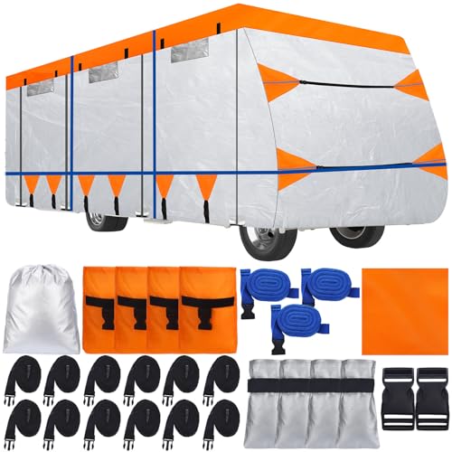 Chapou 300D Oxford Travel Trailer RV Cover 28-31 ft Tearproof Waterproof Windproof Camper Cover RV Motorhome Tarp Anti-UV Snowproof with Storage Bag Windproof Straps Tire Covers Repair Patch Kit