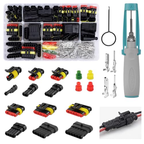 JRready ST6524 Waterproof Wire Connectors Superseal 1.5 Automotive 1 2 3 4 5 6 Pin Connector Kit Male Female Weatherproof Plug Connector Crimp Terminals 16-22AWG with Pin Release Extractor Tool 688Pcs