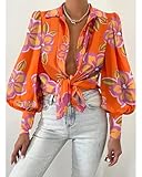 BTFBM Women Fashion Button Down Shirts Lapel V Neck Printed Solid Boho Long Sleeve Blouses Dressy Casual Summer Fall Top(Floral Orange Purple, Small)