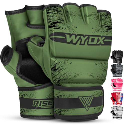 WYOX MMA Gloves Grappling Sparring, Boxing Gloves Men Women Muay Thai Martial Arts Training, Half Finger Adjustable Mitts Wrist Support Kickboxing Gloves (Army Green, L/XL (21-27 cm))