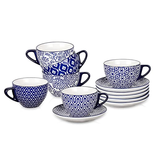 Selamica Ceramic 8 oz Cappuccino Cup Set with Saucers, Espresso Coffee Cups, Latte Macchiato for Party Cafe Home, Set of 6, Vintage Blue