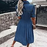 AprPith Women Denim Shirt Dress V Neck Short Sleeve Long Bottom Down A-Line Jeans Dresses with Pockets Deep Blue