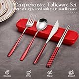 Kritkin 2 Sets Travel Cutlery Set 18/8 Stainless Steel Cutlery 6 Pcs Reusable Utensils Set with Case Portable Silverware Lunch Box for Camping School Office(Silver, Red, Black)