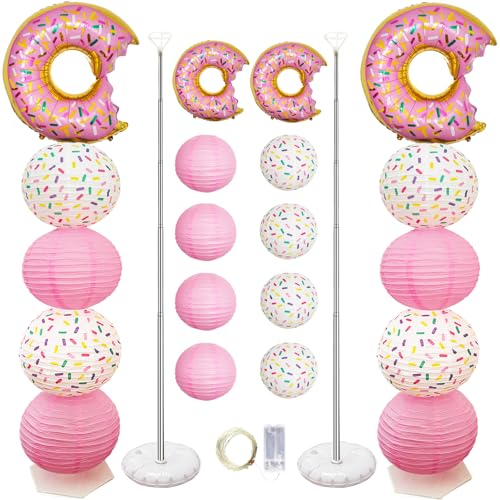 Donut Balloon Column Stand Kit And Paper Lantern 2 Sets 5.5 Feet with Reusable Metal Telescopic Design for Donut Parties, Birthday Decorations for Girls, Easter Decorations,Wedding, Baby Shower