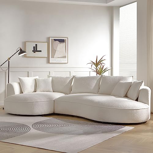 WILLIAMSPACE 124.8" Modern Curved Sofa Couch, Upholstery Boucle Sofa with Pillows, Left Hand Facing Sectional Boucle Fabric Couch for Living Room (Left-Facing,Light Cream)
