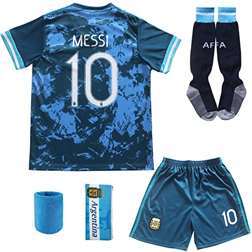 ORGBRAIN 2021 Argentina Away Copa-American #10 Kids Soccer Jersey & Shorts Set Youth Sizes (Navy, 22 (5-6 Years Old).)