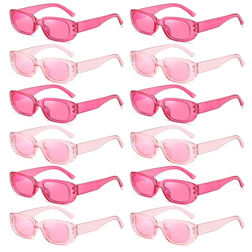 QYVEWY 12 Pack Pink Rectangle Sunglasses Bulk for Women Men Y2K Trendy Sun Glasses Party Favors (Pink&Hotpink)