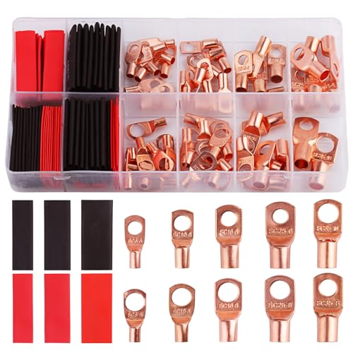 Battery Cable Ends, 150pcs Copper Cable Wire Lugs, AWG 2 4 6 8 10 12 Gauge Wire Connectors, Copper Battery Terminal Connectors, Ring Terminals Connectors, Contain 80pcs Heat Shrink Tubing