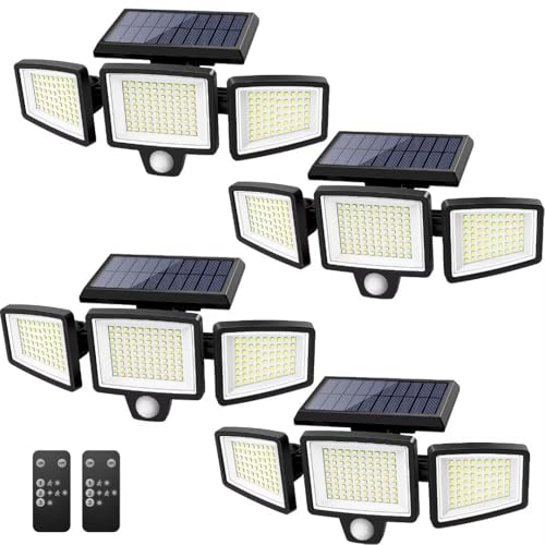 Tuffenough Solar Outdoor Lights 2500LM 210 LED Security Lights with Remote Control,3 Heads Motion Sensor Lights, IP65 Waterproof,270° Wide Angle Flood Wall Lights with 3 Modes(4 Packs)