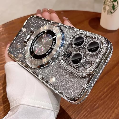 SMARTFOX Magnetic Kickstand Case for iPhone 13 Pro Max with Glitter Lens Protector, Compatible with Magsafe, Luxury Bling Diamond Cover Glitter Phone Case Women (Silver, for iPhone 13 Pro Max 6.7")