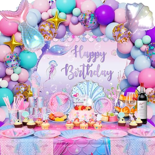 Mermaid Birthday Party Decorations , Mermaid Party Supplies for Girls, Serves 10 Including Balloons Backdrop Banner Tablecloth Plates Cups Cake Topper Napkins Tablewares, 211 PCS