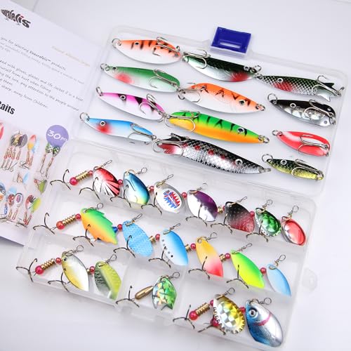 EXAURAFELIS 30PCS Fishing Lure Spinner&Spoons Lures for Bass Trout Salmon Hard Metal Spinner Baits with Tackle Box
