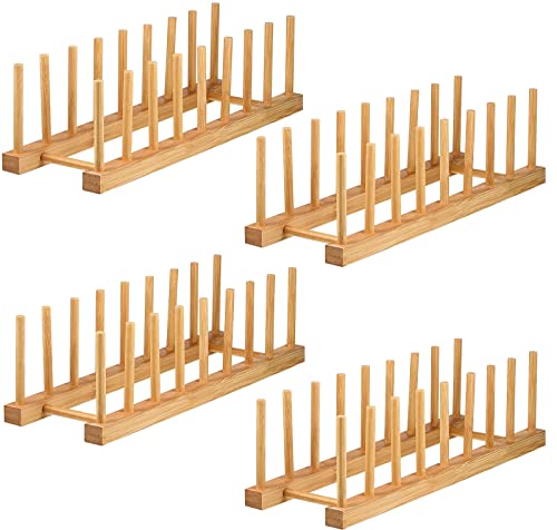 Lawei 4 Pack Bamboo Dish Drying Rack, Plate Rack Stand Pot Lid Holder, Dish Organizer Racks for Plates, Cups, Bowls, Cutting Board, Drying Rack Stand Drainer, Kitchen Cabinet Organizer