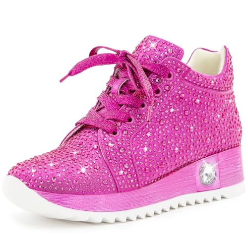 FINDVELL Women's Fashion Glitter Sneakers Platform Wedge Shoes Sparkly Rhinestone High Top Sneakers Trendy Sequin Shoes Wedding Bride Dress Size 8 Pink