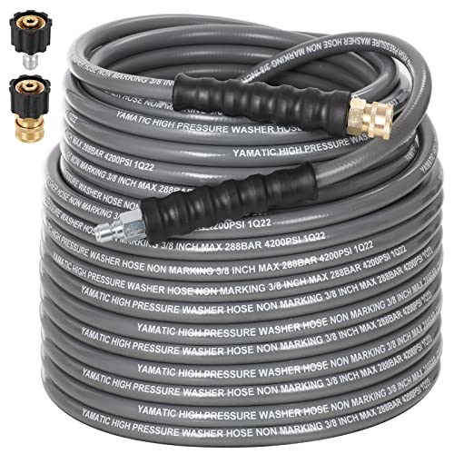 YAMATIC Non Marking 3/8" Pressure Washer Hose 100FT 4200 PSI, Kink Resistant Swivel 3/8" Quick Connect, Rubber Steel Braided Wear Resistant Industry Grade for Hot/Cold Water Gas Power Washer