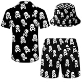 Mens Skull Hawaiian Sets Rave Clothes 2 Piece Outfits Hawaiian Shirt And Shorts With Hat Large