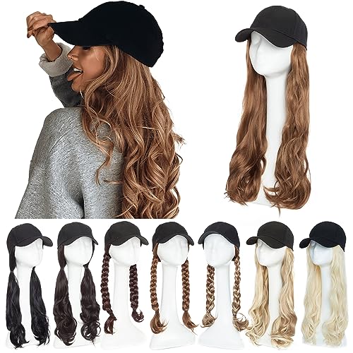 SEGO Baseball Cap with Hair Extensions for Women Adjustable Hat with Hair Attached Synthetic Long Wavy Wig with Black Hat Stylable for Pigtail Ponytail 16 Inch Light Brown 290g