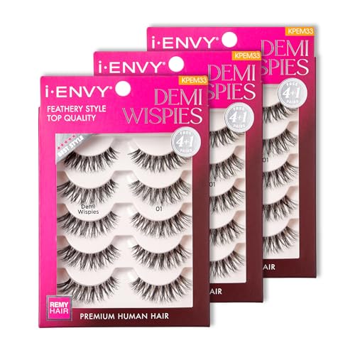 i-ENVY 15 Pairs Demi Wispies False Lashes (3 Pack), Premium Quality 100% Human Hair, Fluffy Feathered Eyelashes With Volume & Curl, Natural Look, Lightweight, Comfortable, Reusable for Everyday Wear