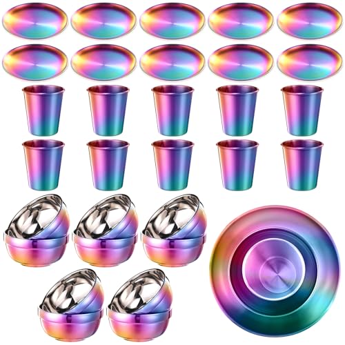 Layhit 30 Pcs Rainbow Stainless Steel Dinnerware Set Include Set of 10 Plates Bowls Cups Iridescent Cooking Tableware Reusable Metal Dishes Cutlery Bulk for Camping Picnic Kitchen Dessert Salad Dinner