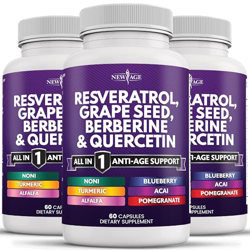 NEW AGE Resveratrol, Berberine, Grape Seed Extract, Quercetin, Polyphenol Supplement for Women and Men with Noni Extract, N-Acetyl Cysteine, Acai Extract - 180 Capsules