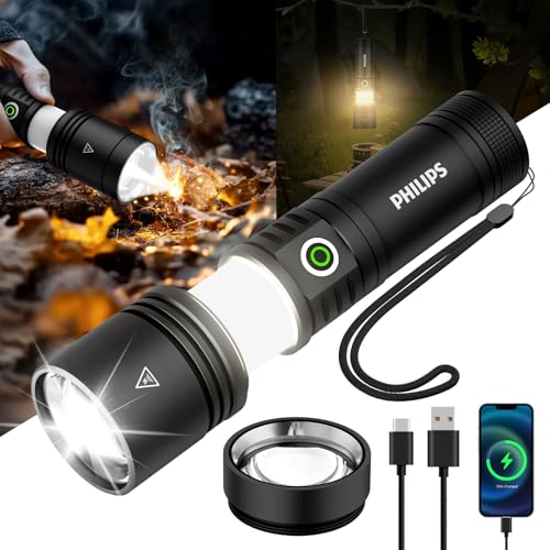 PHILIPS Flashlights High Lumens Rechargeable,1500lm Tactical Flashlights with Camping Lamp&Ignition Lens,2 Colors,Zoomable,5Modes,Reverse Charging,LED Bright Flashlight for Home,Outdoor,Gift