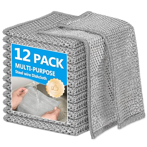 12Pack Multipurpose Wire Dishwashing Rags, Upgrade Non Scratch Wire Dishcloth, for Wet and Dry Use, Reusable Metal Scrubbing Microfiber Clean Cloths for Home/Kitchen/Stove