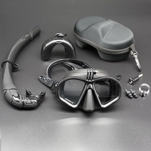 Wet Low Volume Freediving Mask Anti-Leak Tempered Glass Freedive J-Type Diving Mask Set with Camera Mount (Black Set with Stand)