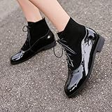 Sailimy Women's Black Genuine Leather Suede Ankle Boots Low Heel Oxford Flat Short Boots Perforated Lace Up Booties Brogue Wingtip Derby Saddle 6.5