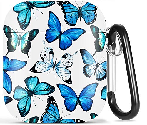 Olytop for AirPods Case Butterfly, Cute Hard Protective Apple Airpods 2 & 1 Case Shockproof Cover Shell Women Girls with Keychain for Apple AirPods 2nd 1st Gen Case - Blue Butterflies