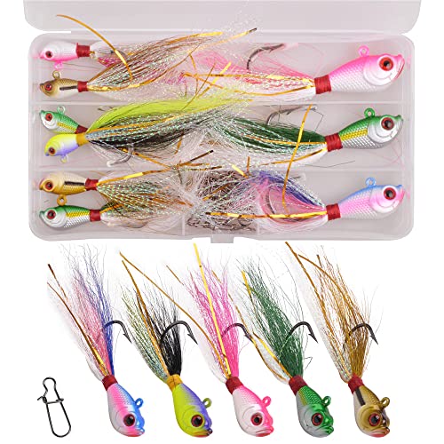 Bucktail Jig Fishing Lures Kit - 7PCS Bucktail Hair Jigs Fishing Lure Baits Flounder Striper Fishing Jigs with Tail 20PCS Snaps for Striped Bass Bluefish Surf Fishing