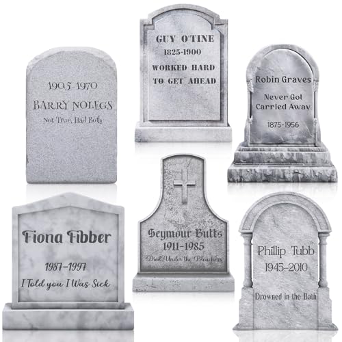 Blosssound 6 Pcs Funny Halloween Tombstone Yard Signs Humor Gravestone Headstone Outdoor Decorations with Stakes Waterproof Graveyard Lawn Yard Signs for Halloween Garden Decor